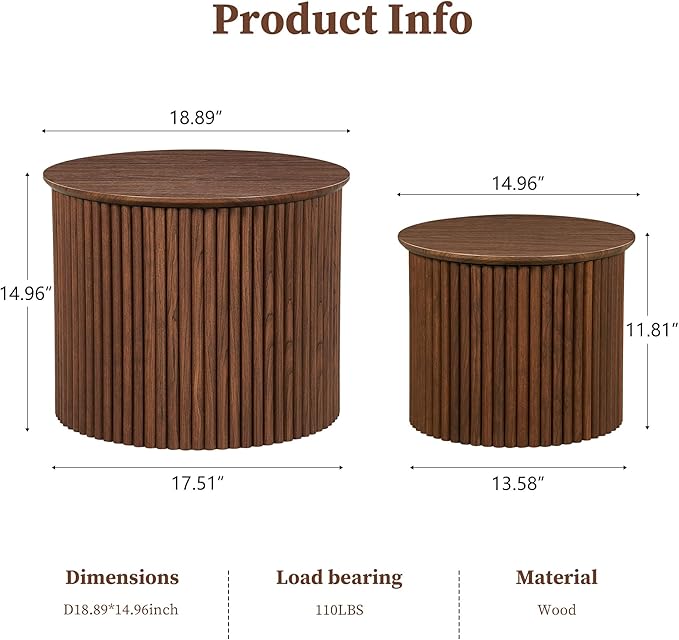 AVZEAR Round Nesting Coffee Table Set of 2, Small Fluted Coffee Table Circle Side Table, Mid Century Modern Wood Nesting Tables Farmhouse End Table Set for Living Room, Bedroom, Small Spaces(Walnut)