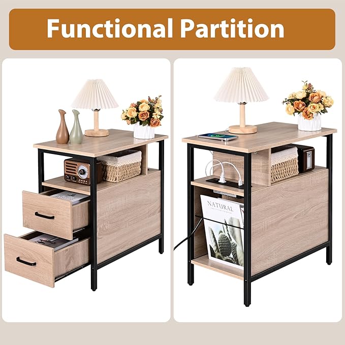 Livofloral Side Tables with Charging Station, Narrow End Table with 2 Wooden Drawers, USB Ports and Power Outlets, Narrow Nightstand and Bedside Table, Side Tables Living Room, Bedroom, Greige
