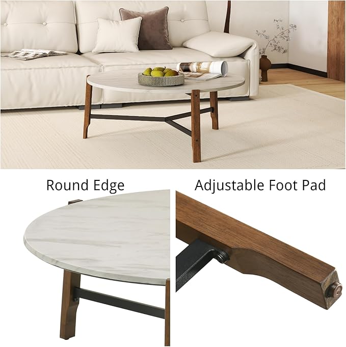 Modern Round Coffee Table, 36’’ Wide Wooden Side Table Mid-Century End Table with Wood Legs Metal Support for Living Room Bedroom, White