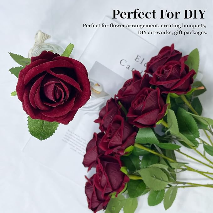 10 PCS Artificial Roses with Long Stems Silk Flowers Realistic Foam Flowers Fake Roses for Valentine's Day Home Wedding Halloween Decor(Wine Red)