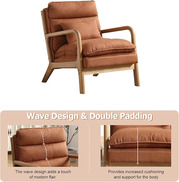 INZOY Accent Chairs Set of 2, Mid Century Modern Accent Chair with Wood Frame, Upholstered Reading Armchair with Waist Cushion, Side Chair for Living Room Bedroom Office, Easy Assembly, Brown