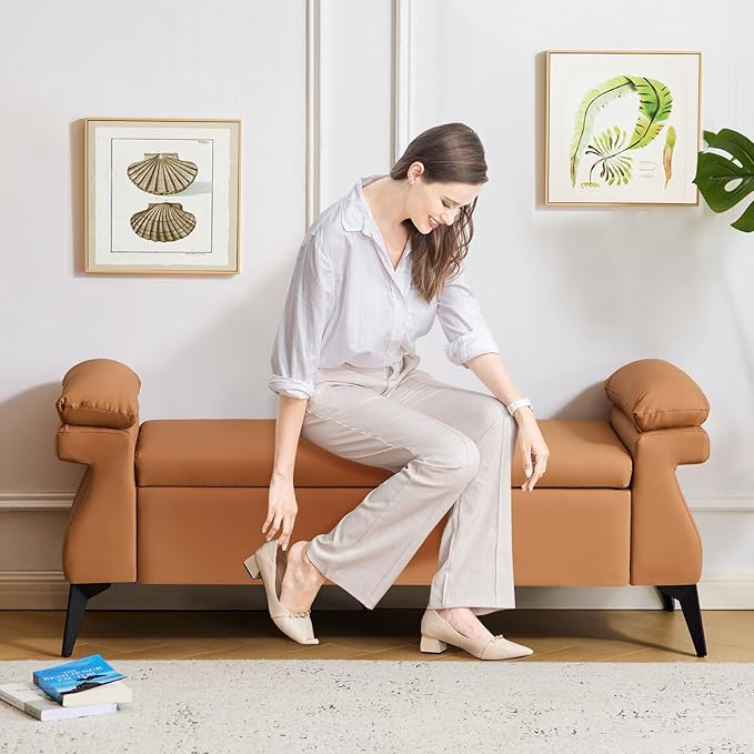 Furniliving 51” Storage Bench, End of Bed Bench with Armrest Cushion Large Upholstered Storage Ottoman Leather Window Bench with Storage Shoe Cabinet Bench, for Bedroom, Entryway, Brown