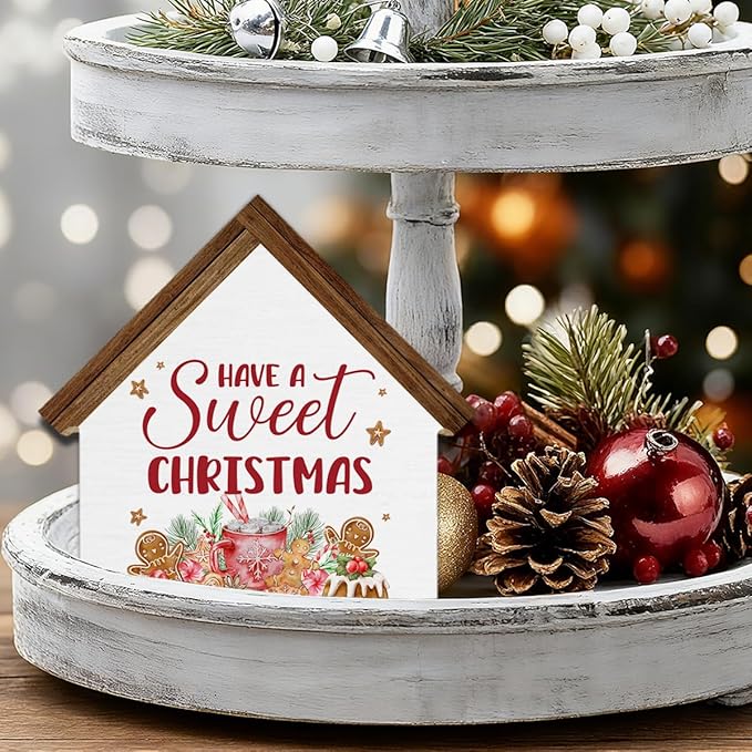 Christmas Kitchen Decor, Have a Sweet Christmas House Shaped Wood Block Sign Gingerbread Hot Cocoa Decor Xmas Holiday Kitchen Hot Cocoa Bar Decorations for Desk Table Shelf