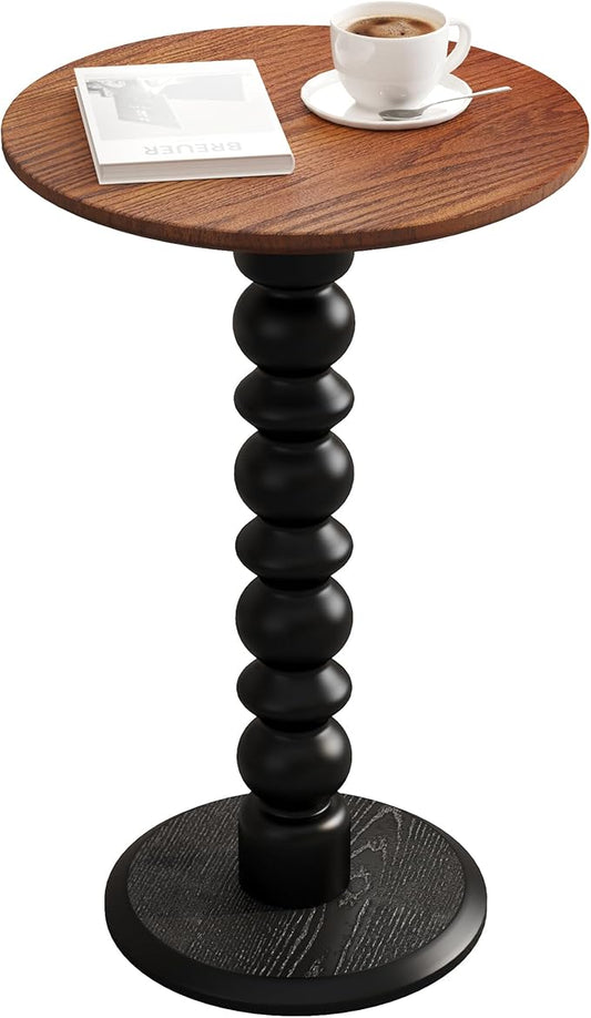 Solid Wood Round Side Table, Small Drink Table,Cocktail Table, Wooden Pedestal End Table, Plant Stand for Living Room, Bedroom，Office and Corners(Walnut/Black)