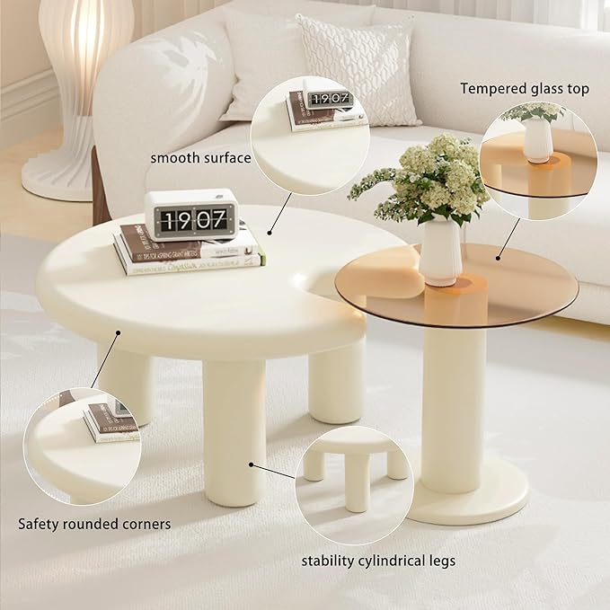 Cloud Coffee Table Cute Nesting Coffee Tables Set of 2 Irregular Coffee Table with Glass Top, Modern Small Coffee Tables End Tables Set Center Table White & Brown