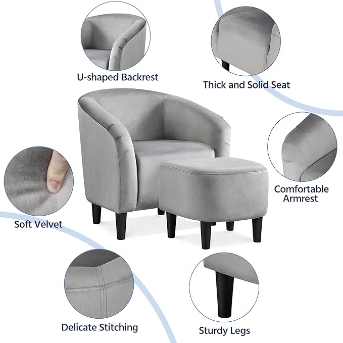 Yaheetech Accent Chair with Ottoman Set, Modern Upholstered Soft Barrel Chair with Footstool, Comfy Fabric Armchair and Footrest for Living Room/Bedroom/Reading Room/Guestroom, Gray