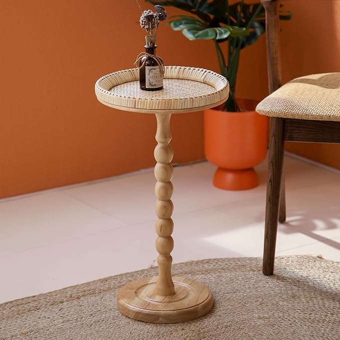 Drink Table，Rattan Round Small Side Table for Small Spaces, Boho Circle End Table Coffee Table with Solid Wood Leg for Living Room, Pedestal Table for Bedroom, Corners