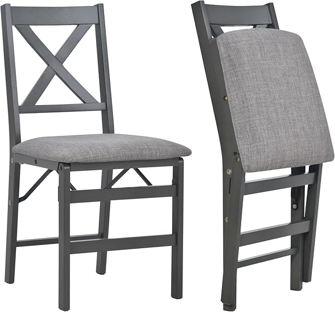 COLAMY Folding Dining Chairs Set of 2, Foldable Chairs with Padded Seats, Wood Folding Dining Room Chairs for Kitchen, Party, Camping, Dark Grey