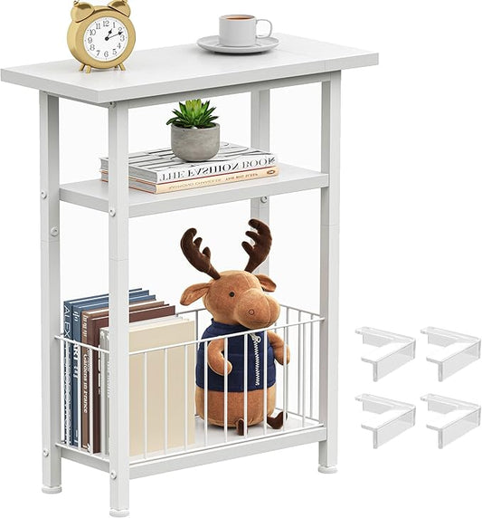 Heybly Small Narrow Side Table for Small Space, Thin Bedside Table with Storage Basket, Skinny End Table, 25.2" Tall Nightstand, Couch Table for Living Room, Bedroom, Study, Kitchen, White, HET004WT1