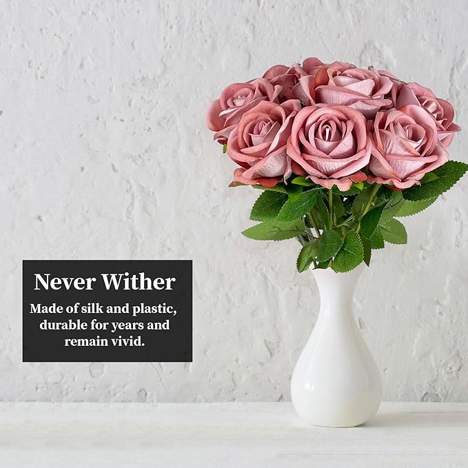 10 PCS Artificial Roses with Long Stems Silk Flowers Realistic Foam Flowers Fake Roses for Valentine's Day Home Wedding Halloween Decor(Dim Pink)