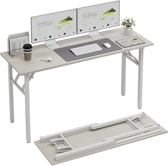 TEMI Long Computer Desk Folding Table - 55.1" Foldable Office Desk, No Assembly, Perfect Writing Table for Bedroom or Apartment, Portable Large Desk or Study Table with Compact Design, White Ash