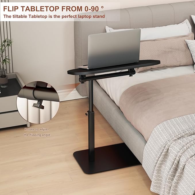 Solid Wood C Shaped Side Table for Sofa/Bed, Adjustable Height C Shaped End Table Metal Base, 360°Swivel/Flip Top Couch Tables That Slide Under, Small Spaces Laptop Stand Coffee Table (Black)