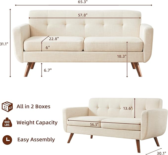 Tbfit 65" W Loveseat Sofa with Ottoman Coffee Table, Mid Century Modern Love Seat Couches for Living Room, Button Tufted Upholstered Small Couch for Bedroom,Easy to Install Love Seats Furniture, Beige