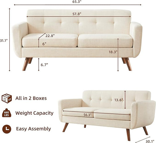 Tbfit 65" W Loveseat Sofa with Ottoman Coffee Table, Mid Century Modern Love Seat Couches for Living Room, Button Tufted Upholstered Small Couch for Bedroom,Easy to Install Love Seats Furniture, Beige