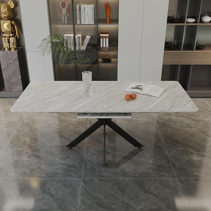 Marble Dining Table for 4-8, 62.4''-78.15'' Extendable Dining Table, Modern Kitchen Table, Space Saving Rectangular Table for Office and Dining Room (Grey)
