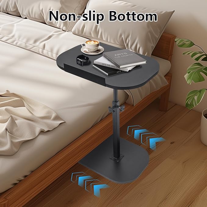 Side Table TV Tray for Couch,90° Tiltable Laptop Table Height Adjustable 360° Swivel C Shaped End Table for Small Spaces,Bedside Bathroom Living Room (Black)