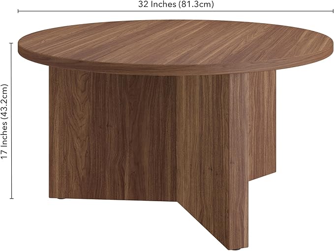 Henn&Hart 32" Round Wood Pedestal Coffee Table for Living Room, Family Room, Office, or Apartment, Satin Walnut