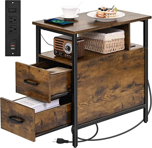 Livofloral Side Tables with Charging Station, Narrow End Table with 2 Wooden Drawers, USB Ports and Power Outlets, Narrow Nightstand and Bedside Table, Side Tables Living Room, Bedroom, Brown