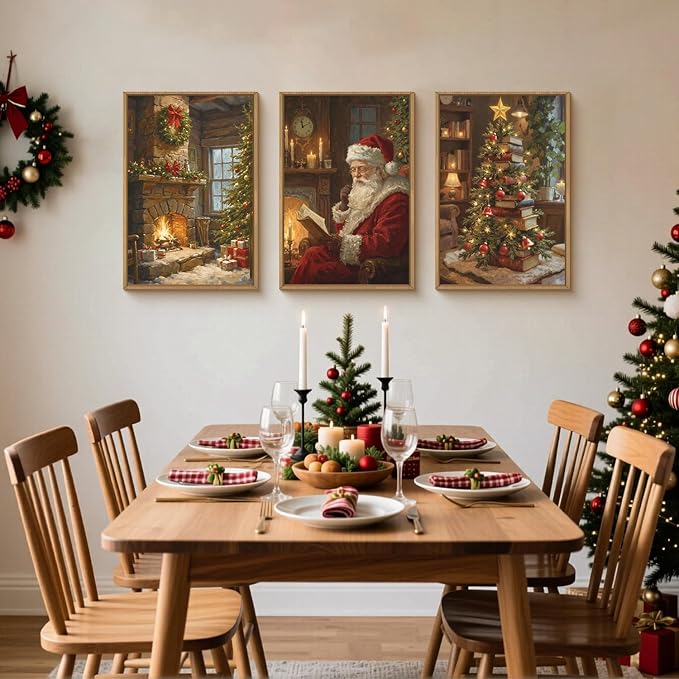 BICERE Large Vintage Christmas Framed Canvas Wall Art Set,Santa Reading Book Wall Decor,Retro Xmas Tree Art Prints,Snowy Winter Fireplace Artwork for Living Room,Bedroom,Farmhouse -24"x36"x3