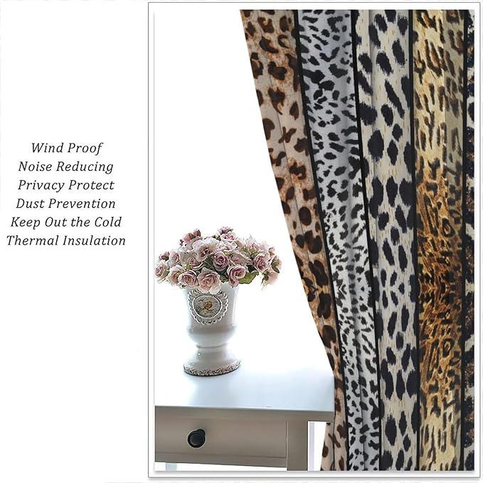 Leopard Print Blackout Curtain, Rustic Wild Animal Skin Farmhouse Fur Leopard Print Drapes, Rod Pocket Window Treatments 2 Panels Curtains for Kitchen Living Room Bedroom Cafe Decor 84"W X 84"L