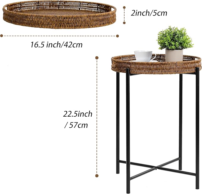 Small Wicker Round End Table, 16.5 in Rattan End Tables with Removable Tray, Waterproof Sofa Coffee Side Table, Indoor Outdoor Side Tables for Patio, Living Room Bedroom Office