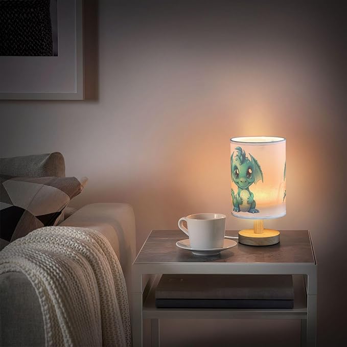 Table Lamp Blue Dragon Nightstand Lamp with Wood Base Fabric Lamp Shade Bedside Desk Lamp for Living Room Bedroom Kids Room Office