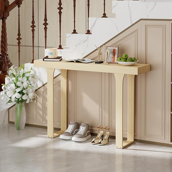 Bamboo 47.2" Narrow Console Table, Wood Farmhouse Side Table, Rectangular Entryway Table, Modern Sofa Table Behind Couch with Storage Shelves for Entrance, Living Room, Hallway, Foyer (Natural)