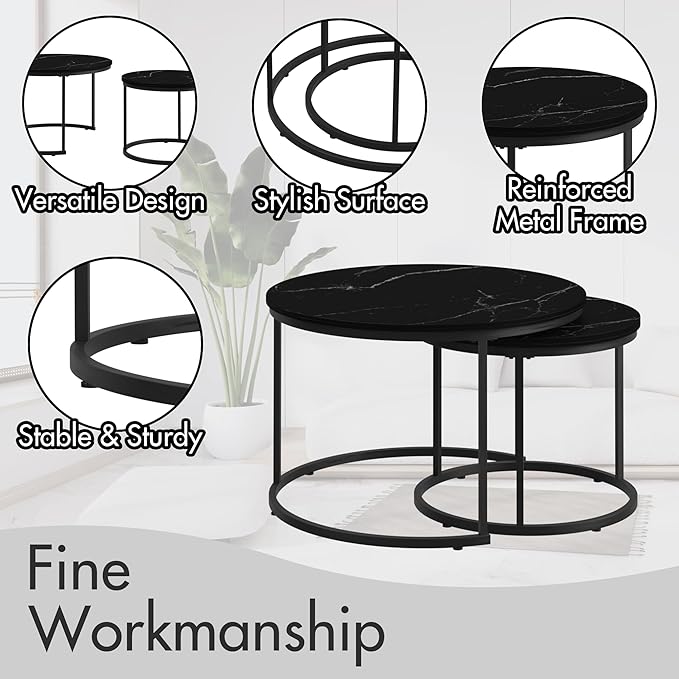 Nesting Coffee Table Set of 2, 27.56" Round Coffee Table Marble Pattern Top with Sturdy Metal Frame, Side Tables for Living Room, Bedroom, Outdoor Balcony Yard (Black)