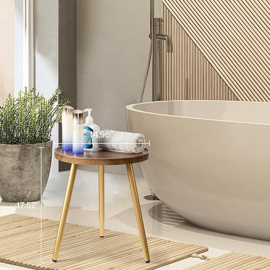 danpinera Round Side Table, Metal Legged Accent Table with Wooden Tray, Small Round End Table for Living Room, Bedroom, Nursery, Brown & Gold