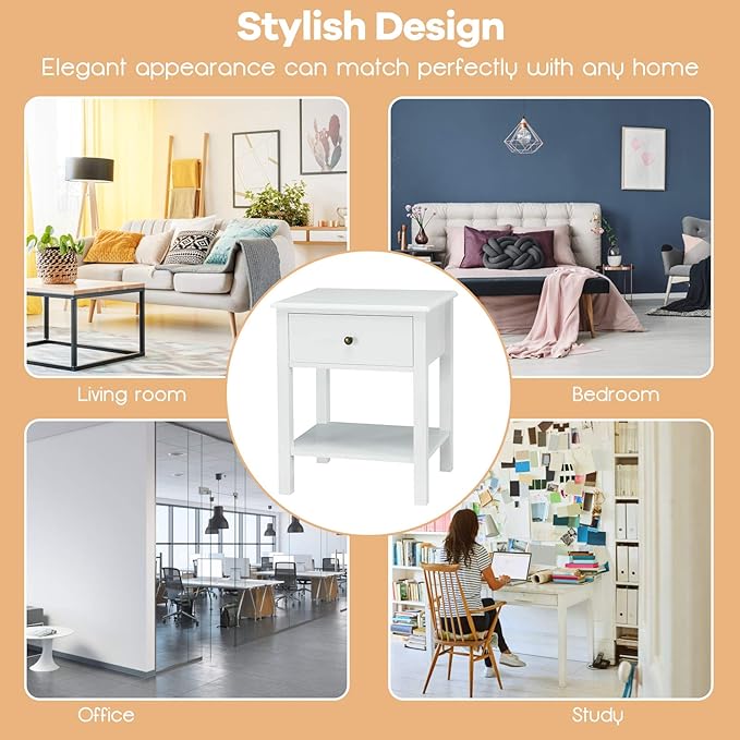 Giantex Nightstand, 2-Tier End Table with Drawer and Open Storage Shelf, Modern Bedside Tables, Wooden Side Table Night Stand for Bedroom, Dorm, Small Spaces, Easy Assembly, White