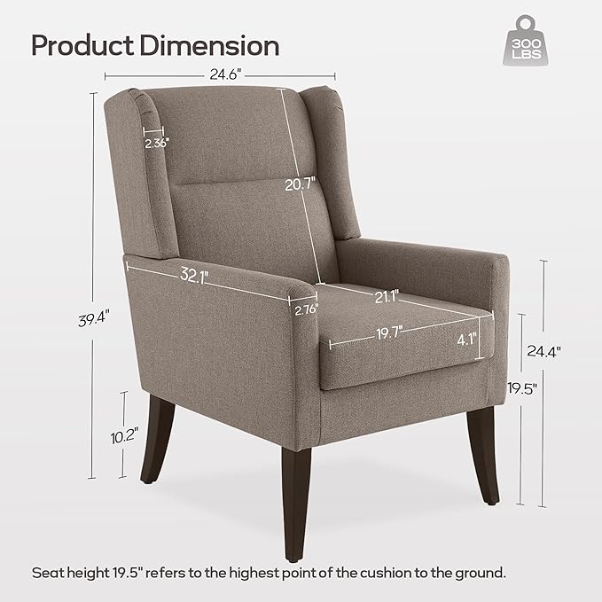 High Back Accent Chair, Fabric Living Room Chairs, Comfy Upholstered Armchair with Wooden Legs for Living Room, Bedroom, Apartment (1, Brown)