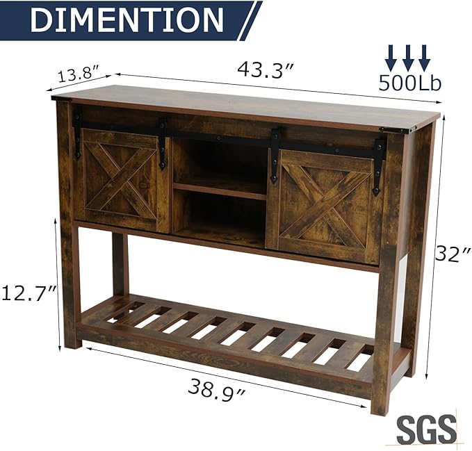 Entryway Table with Sliding Barn Doors, 43" Farmhouse Console Table with Storage Shelf, Behind Couch Sofa for Hallway, Entryway, Foyer, Brown