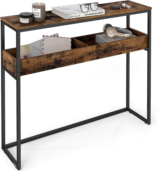 VASAGLE 2-Tier Entryway Table, Narrow Console Table, Semi-Open Compartments, 9.4 x 39.4 x 31.5 Inches, for Hallway, Living Room, Rustic Brown and Ink Black ULNT091K01