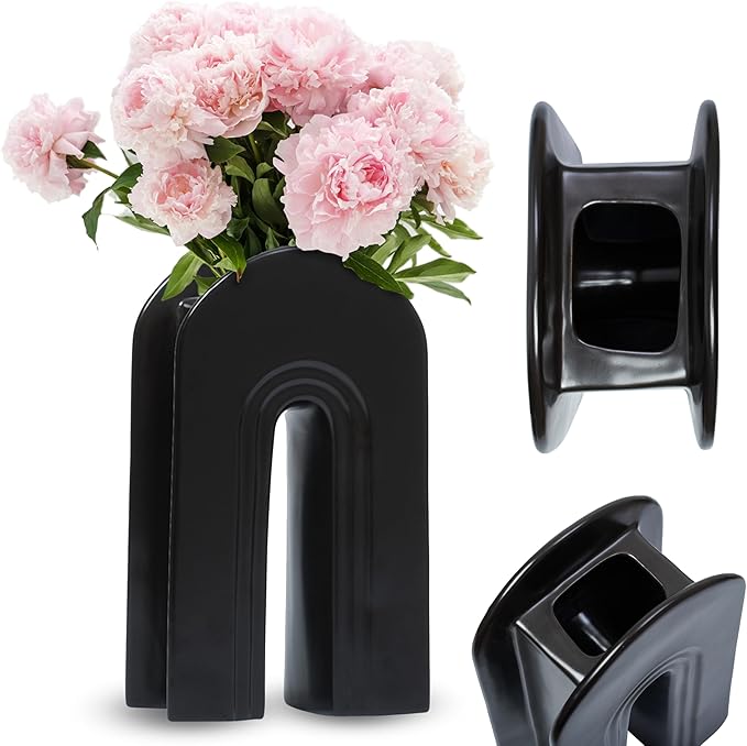 Whole Housewares Ceramic Vase - Stunning Black Modern Design Black Vase for Flowers - Home Decor Ceramic Flower Vase for Living Room - Ideal Gift for Birthdays, Holidays, and Housewarmings