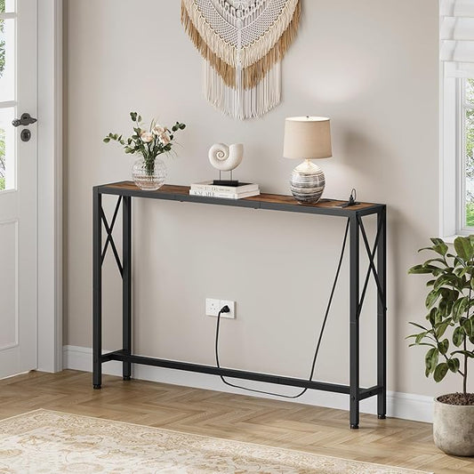 41.8" Console Table, Narrow Behind The Couch Table with Outlet, Industrial Skinny Stand for Hallway, Entryway, Living Room, Bedroom, 6.5 Feet Power Cord,Rustic Brown