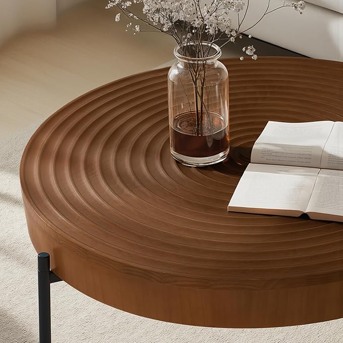 2 Piece Modern Farmhouse Living Room Coffee Table Set, Nesting Table Round Natural Finish with Handcrafted Wood Ring Motif, Walnut Colour