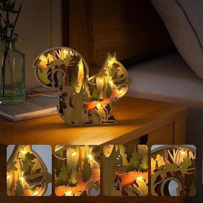 3D Wooden Carving Animals Lamp - Creative Fox Squirrel Wood Carved LED Night Light Garden Yard Wooden Animals Sculpture Ornaments Desktop Home Decor Birthday Gifts for Family Friend (Squirrel)
