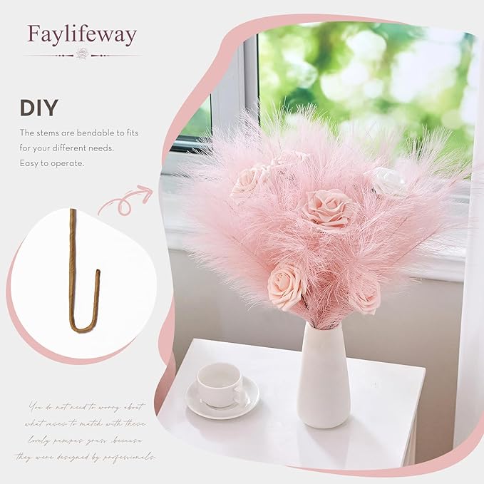 𝟱𝟬𝙥𝙘𝙨 Pampas Grass 𝟭𝟳in, Pink Artificial Dried Pampas Grass Decor for Living Room, Faux Pampas Grass Vase Filler Fluffy for Wedding Party Boho Decoration (𝗣𝗶𝗻𝗸)