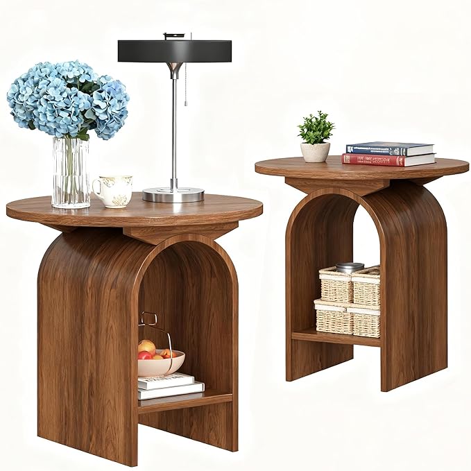 Modern Round Wooden Side Table Set of 2, Small Decorative Coffee Table Vintage Nightstand with Lower Open Shelf for Living Room, Bedroom Or Small Space, Walnut X2