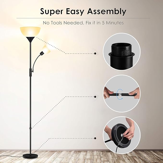 Floor Lamp, Standing Lamp, Torchiere Floor Lamp with Adjustable Reading Lamp, 71" Tall Pole Lamps, 3 Way Switch, Plastic Lampshade, Corner Floor Lamps for Living Room, Bedroom(E26 Base, No Bulb)-Black