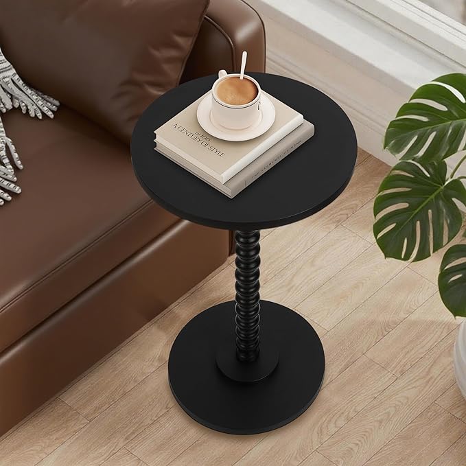 Round Side Table, Small End Table for Small Space, Modern Accent Table with Solid Wood Leg, Easy Assembly for Living Room, Bedroom, Corners, and Office (Black)