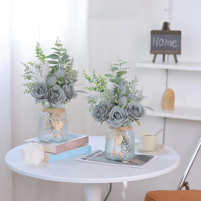 Faux Flowers with Vase,Artificial Silk Roses in Vase, Fake Plant Eucalyptus Flower Arrangement for Home Office Farmhouse Bathroom Dining Table Centerpiece Decorations Coffee Table Decor (Grey Blue)