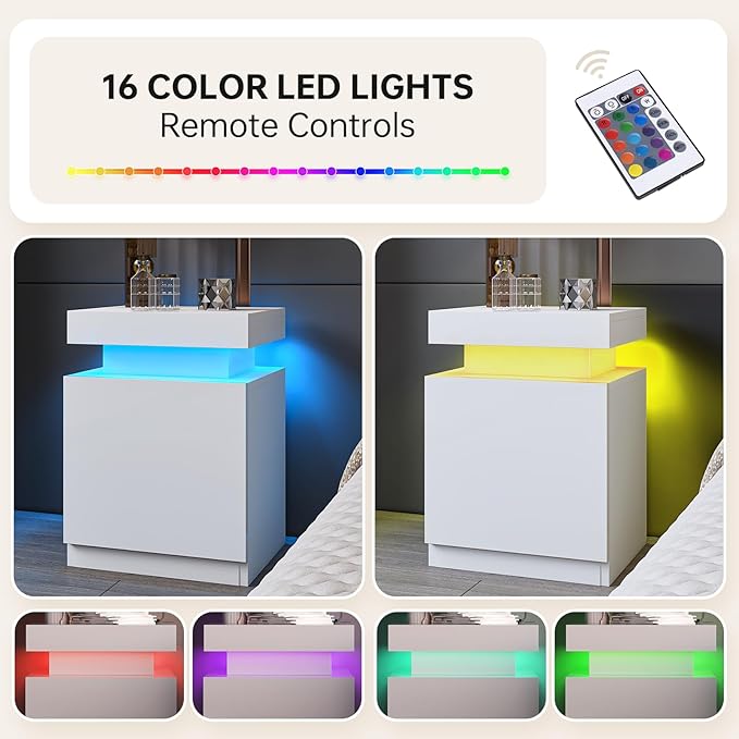 oneinmil LED Nightstands Set of 2, Night Stand with Storage Cabinet for Bedroom, Bedside Table with LED Lights, Modern End Side Table, White