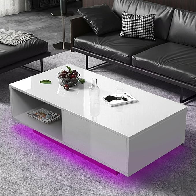 COSVALVE Modern White LED Coffee Tables for Living Room with Drawer & 16-Color LED Lights, Rectangle Living Room Sofa Table with Ample Storage Space(23.6" D x 43.3" W x 15.7" H)