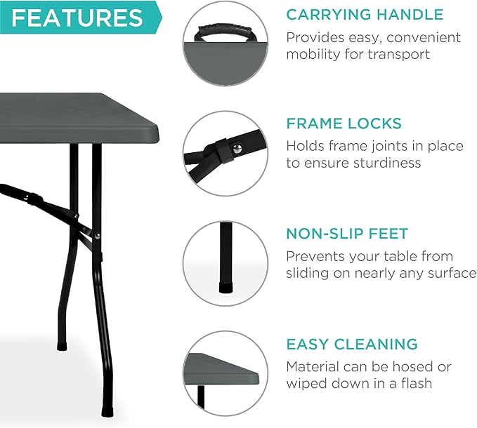 Best Choice Products 6ft Plastic Folding Table, Indoor Outdoor Heavy Duty Portable w/Handle, Lock for Picnic, Party, Camping - Dark Gray