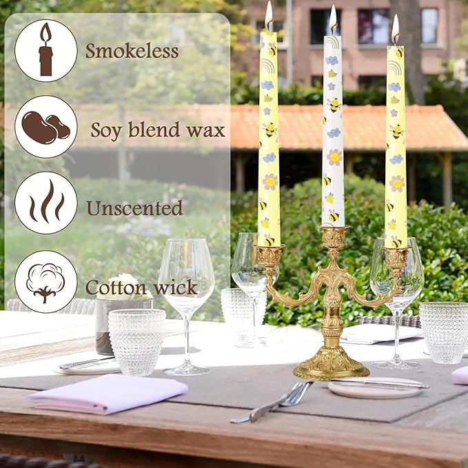 10 Inch Taper Candles with Honeybee Design – Smokeless Dripless Yellow Dinner Candles for Table, Party, Farmhouse Decor (4-Pack Assorted Yellow A)