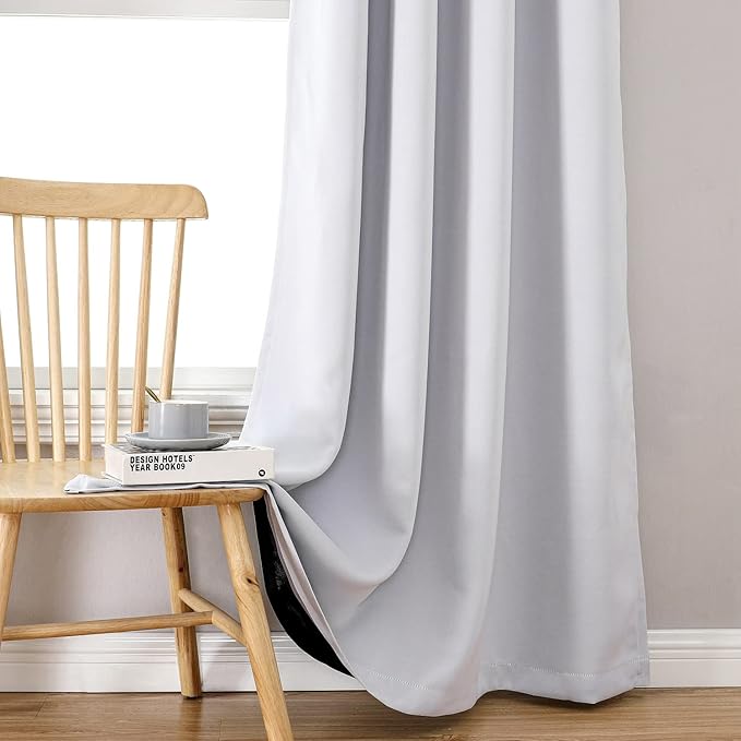 ChrisDowa 100% Blackout Curtains 108 inch Long for Bedroom with Black Liner, 2 Thick Layers Total Blackout Thermal Insulated Grommet Window Curtains 2 Panels Set (Greyish White, 52 x 108 Inch)