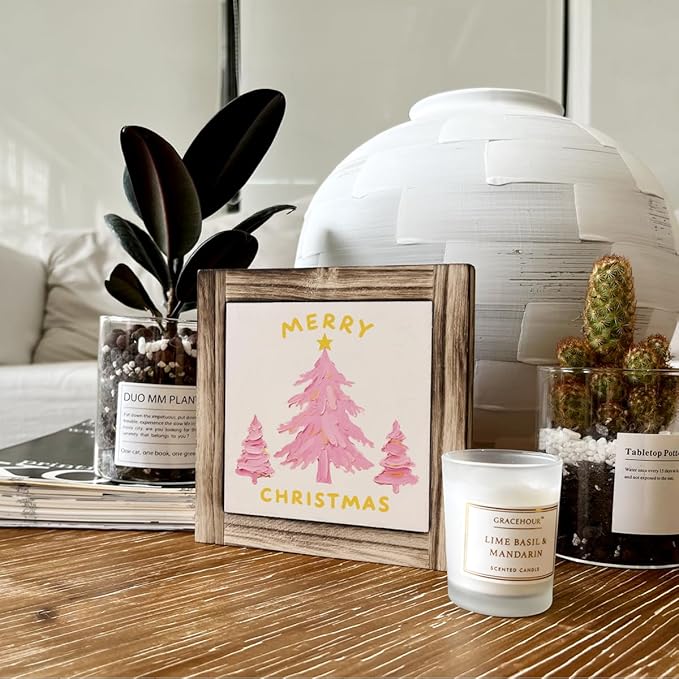 Merry Christmas Wood Sign, Pink Christmas Tree Decor, Wood Plaques Desk Decors, Decorative Wooden Box Sign, X-mas Home Decor for Living Room Bedroom Table helves, X-mas Gift for Girls Women