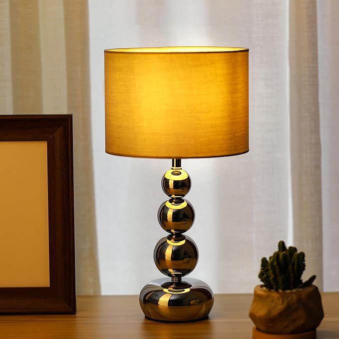 Small Modern Bedside Table Lamp, 7 x 7 x 13 Inch Farmhouse Table Lamps, Silver Metal Ball Table Lamp for Living Room Bedrooms and Office (Silver-Grey Fabric Lampshade)