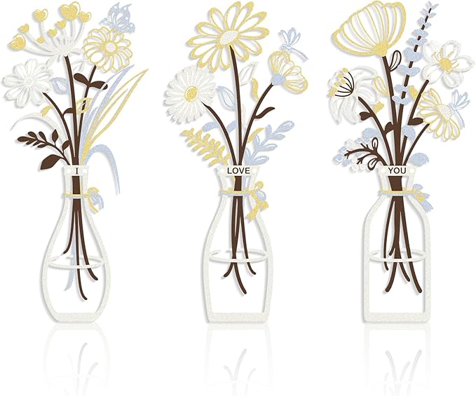 3 Pieces Metal Flowers Wall Art Decor, House Minimalist Bathroom Wall Decors Sculptures for Living Room Dining Room Bedroom Housewarming Gifts